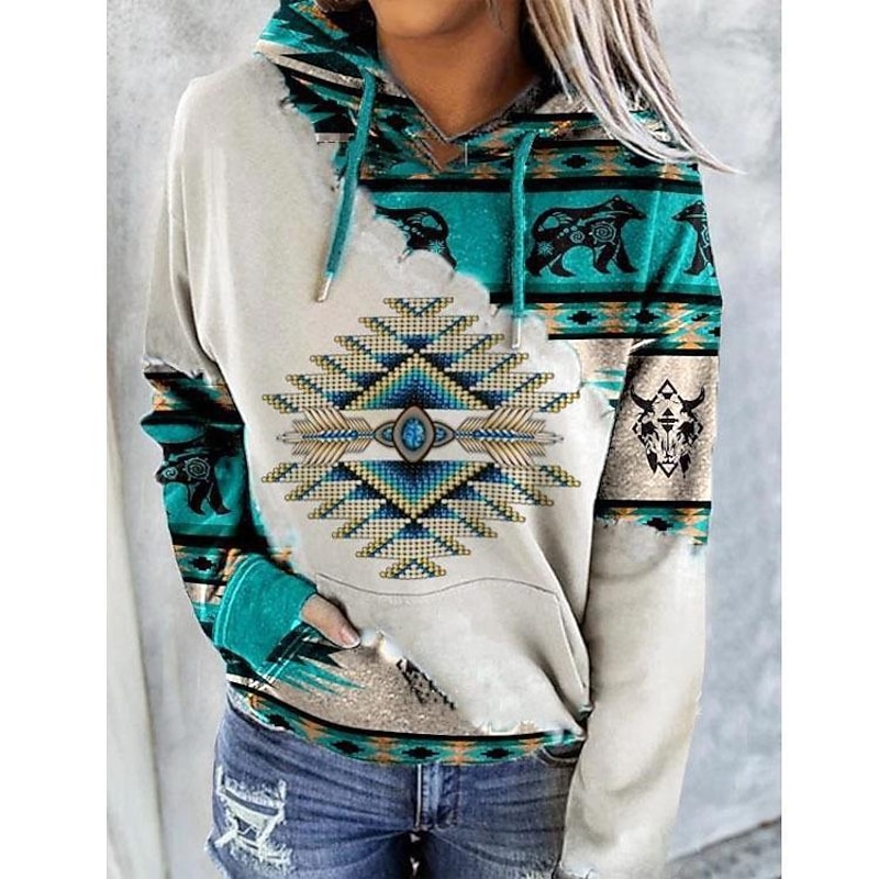 Women's Hoodie Sweatshirt Pullover Geometric Vintage Ethnic Street Casual Front Pocket Vintage Ethnic Neon & Bright Hoodie Long Sleeve Top Micro-elastic Fall & Winter Comfrt Breathable Soft Fabric2