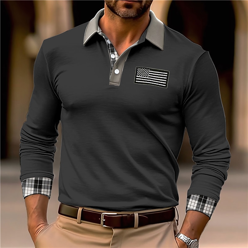 Men's Button Up Polos Polo Shirt Casual Sports Lapel Long Sleeve Fashion Basic Color Block National Flag Embroidered Button Spring &  Fall Regular Fit Black White Army Green Khaki Button Up Polos2