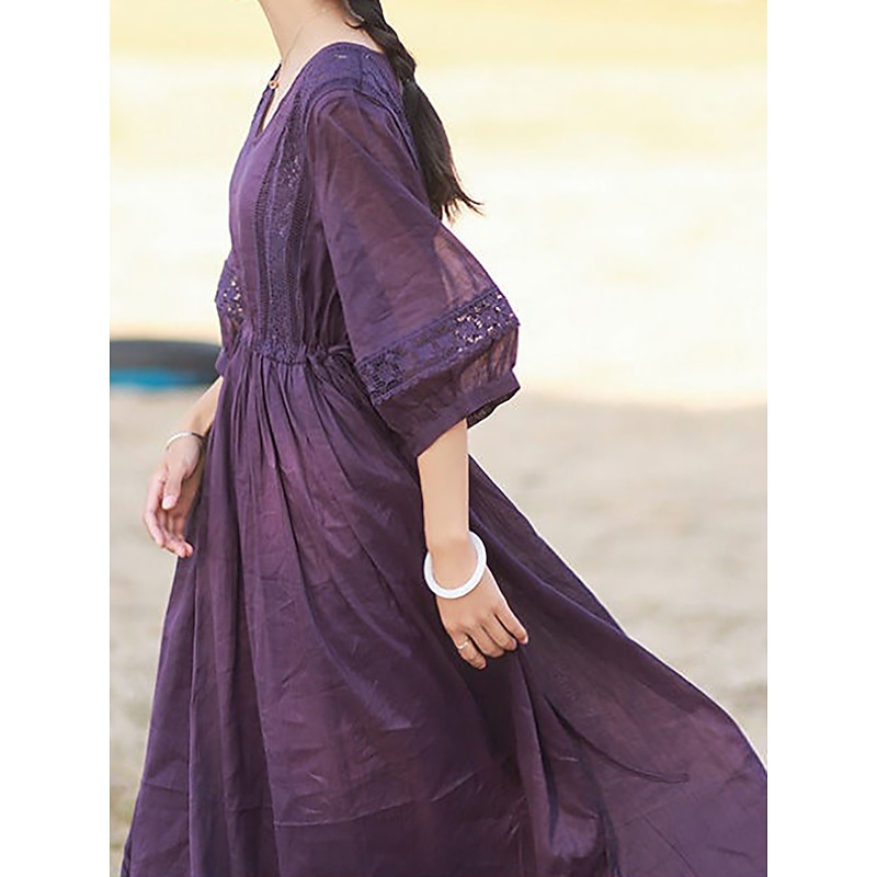 Women's Black White Yellow Fall Autumn Maxi Dress Linen-Inspired Dresses Casual Dress Basic Classic Casual Outdoor Vacation Daily Loose Fit Plain V Neck2