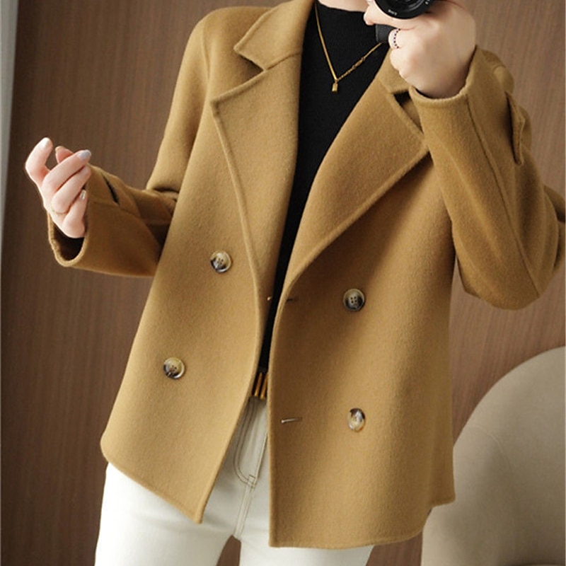 Women's Winter Blazer Coat Fall Double Breasted Lapel Jacket Wool Blend Short Coat with Pockets Warm Black White Camel3