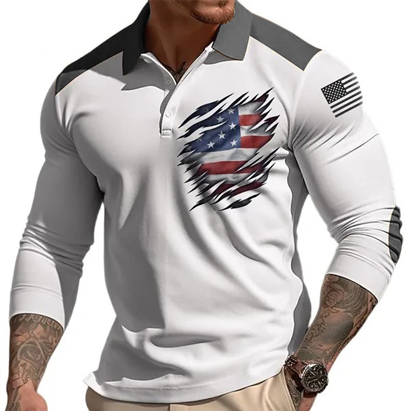 Men's American Flag Veterans Polo Shirts Golf Shirt Long Sleeve Polo Shirts Collared Shirts Casual Streetwear Vacation Wear Party Outfits 3D Print Buttons Yellow Blue Green4
