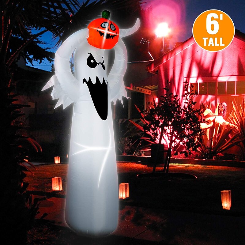 Halloween Decorations Inflatable Pumpkin Blow Up White Lighted Ghost Doll Spooky with Lifting Inflatable Prop Decoration Pumpkin Yard Lawn Prop Decoration for Indoor Outdoor2