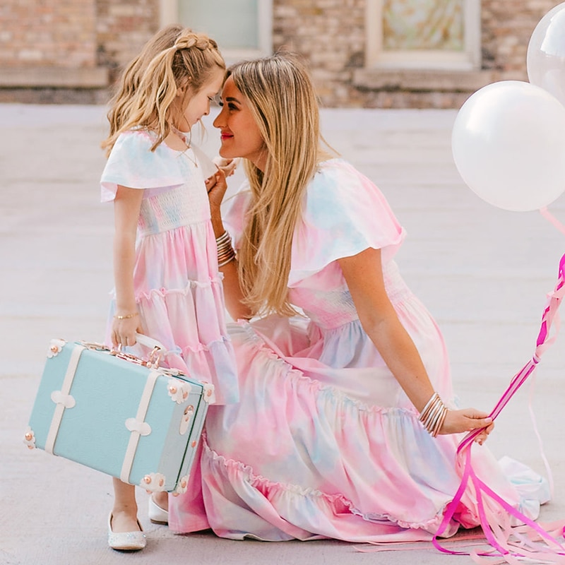 Mommy and Me Dresses Tie Dye Street Print Pink Short Sleeve Midi Mommy And Me Outfits Cute Matching Outfits4