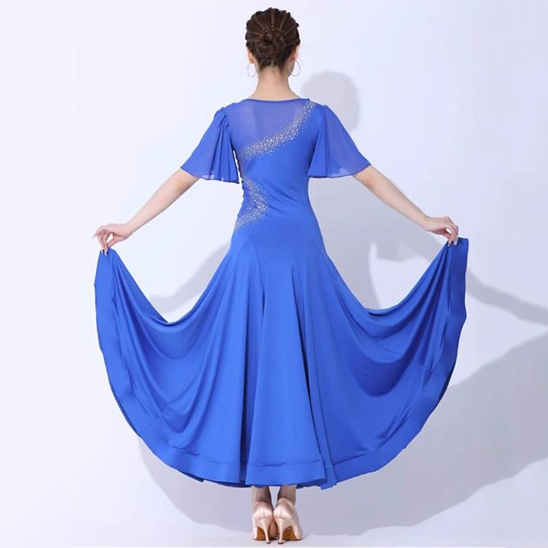 Ballroom Dance Dress Pure Color Splicing Women's Performance Party Short Sleeve Mesh Spandex Milk Fiber2