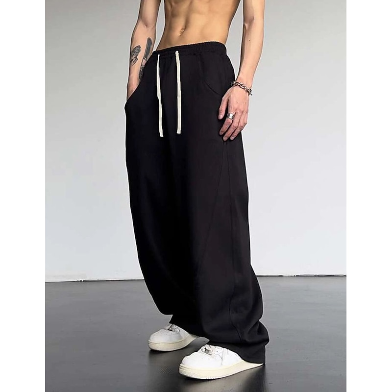 Men's Athletic Pants Wide Leg Sweatpants Trousers Drawstring Elastic Waist Plain Comfort Breathable Casual Daily Holiday Sports Fashion Dark Brown Black4