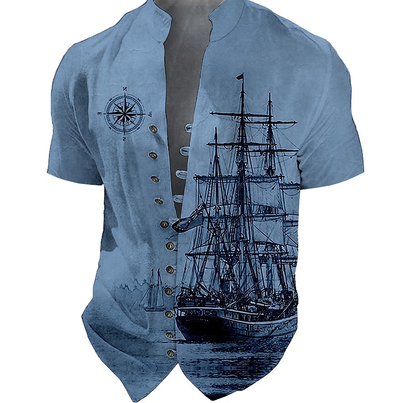 Men's Nautical Vintage Sailboat Shirt Button Up Shirt Short Sleeve Fashion Streetwear Designer Outdoor Vacation Daily Summer Spring Stand Collar Print Blue-Green Black Blue Green Khaki2