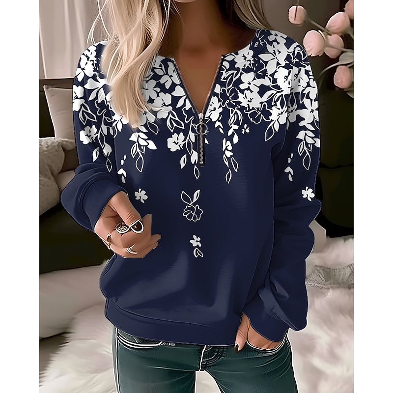 Women's Quarter Zipper Sweater Pullover Floral Butterfly Casual Sports Quarter Denim Blue White Navy Blue Elegant Vintage Fashion Half Long Sleeve Top  Comfrt Breathable Soft Fabric2