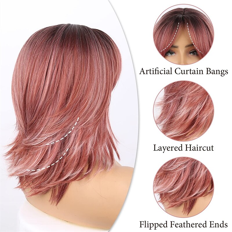 Wavy Layered Pink Wig Short Pink Wigs with Bangs for Women 14inch Layered Curly Ombre Pink Wigs with Dark Roots Natural Looking Synthetic Hair Replacement Wigs for White Women Curtain Bangs Wig3