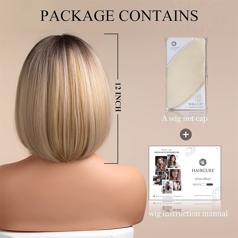 Blonde Bob Wig with Bangs Short Bob Wigs for Women Short Blonde Wig with Dark Roots Heat Resistant Synthetic Wig Natural Looking for Daily Use4