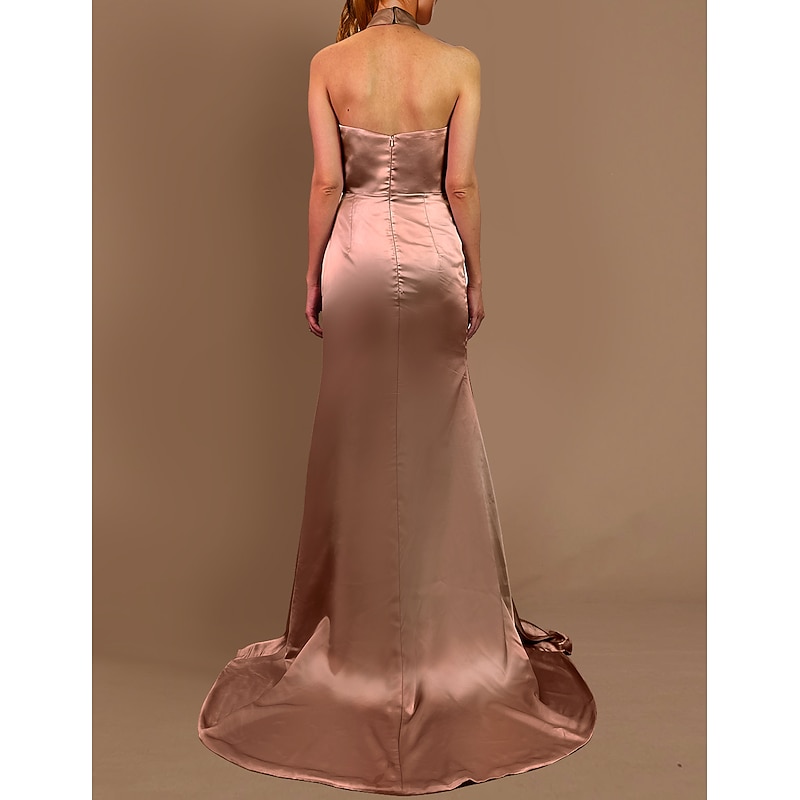 Beach Wedding Mermaid Evening Gown High Split Dress Wedding Wedding Guest Sweep / Brush Train Sleeveless Halter Neck Bridesmaid Dress Charmeuse with Pleats Masquerade Dress3