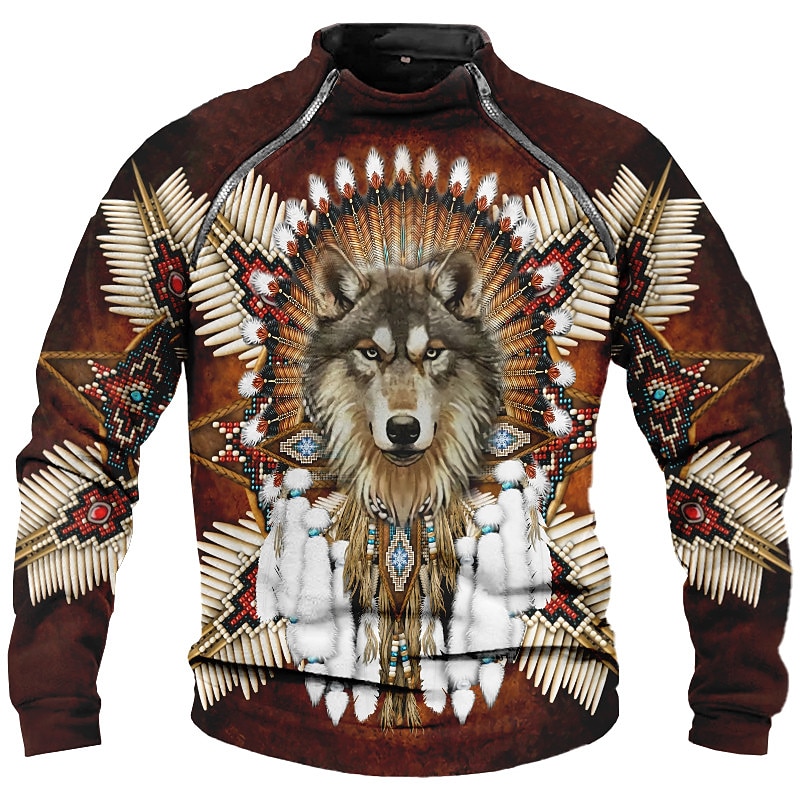 Men's Animal Wolf Graphic Prints Sweatshirts Zip Sweatshirt Raglan Hoodie Long Sleeve Sweatshirt Turtleneck Daily Ethnic Casual 3D Print Vacation Holiday Going out Zip Up Print Spring &  Fall