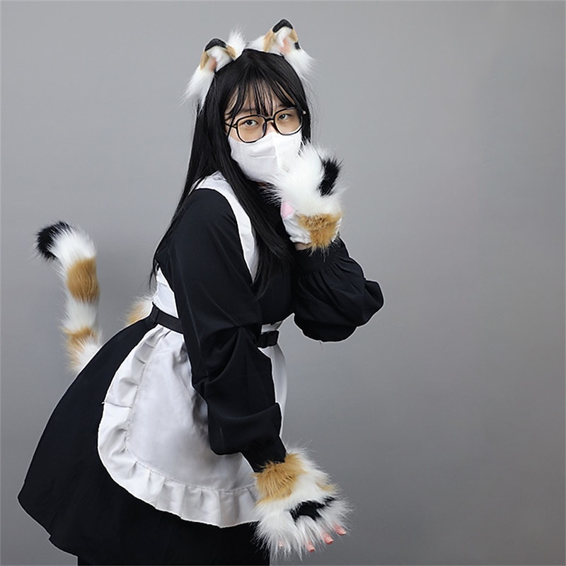 Simulated Beast Ears and Tail Cosplay Show Props Hair Accessories Beast Claw Cat Tail Cat Claw Cute Plush Cat Set3