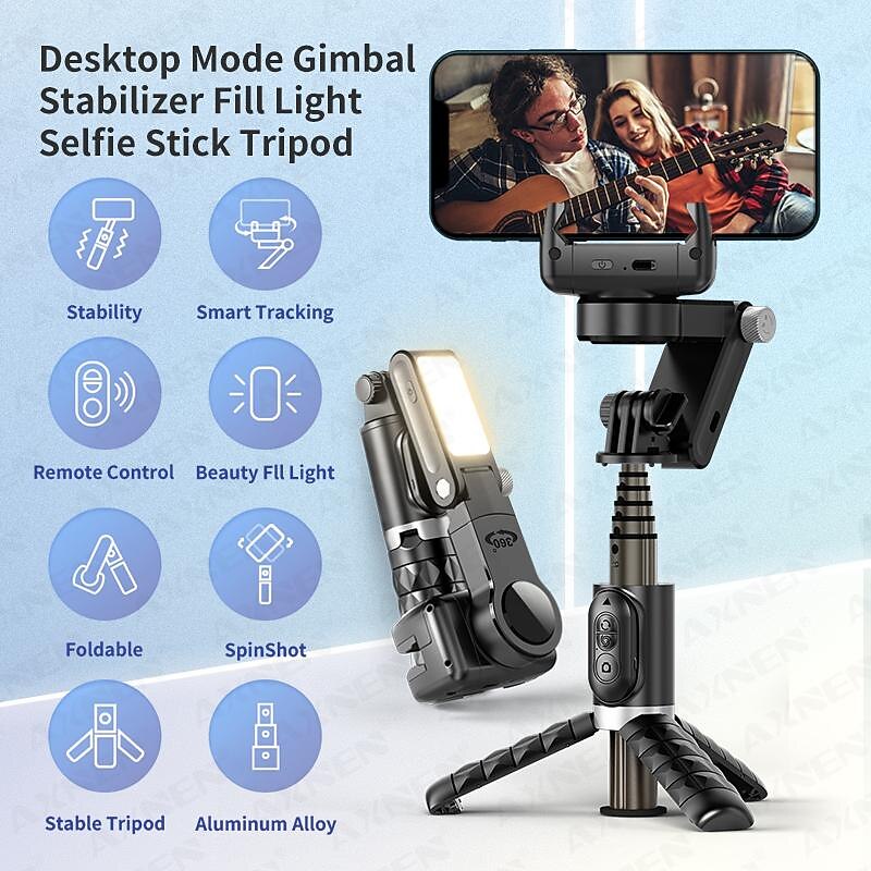 Desktop Gimbal Selfie Stick Tripod Stabilizer with Light Remote Following Foldable for Smartphone iPhone 13 Xiaomi for Video Q18