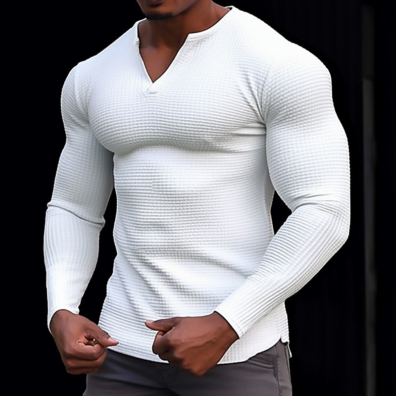 Men's Waffle Shirt T Shirt Tee Top Long Sleeve Shirt Long Sleeve V Neck Spring &  Fall Plain Fashion Designer Basic Vacation Street Going out White Orange Khaki Top Tee for Men