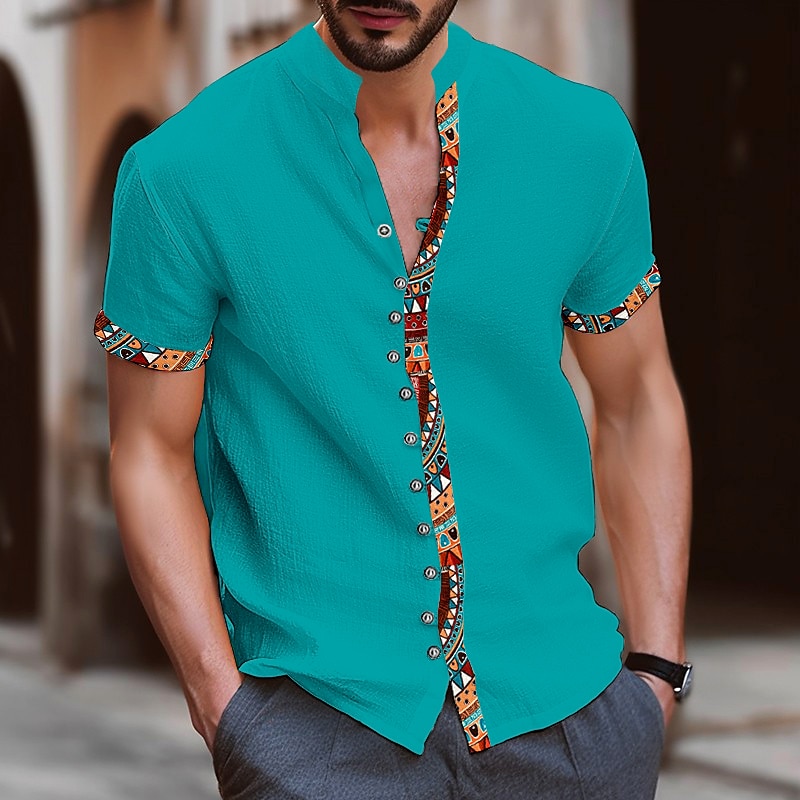 Men's Tribal Vintage Shirt Button Up Shirt Short Sleeve Fashion Streetwear Designer Vacation Street Daily Summer Spring Stand Collar Print Blue-Green White Navy Blue Blue Orange4