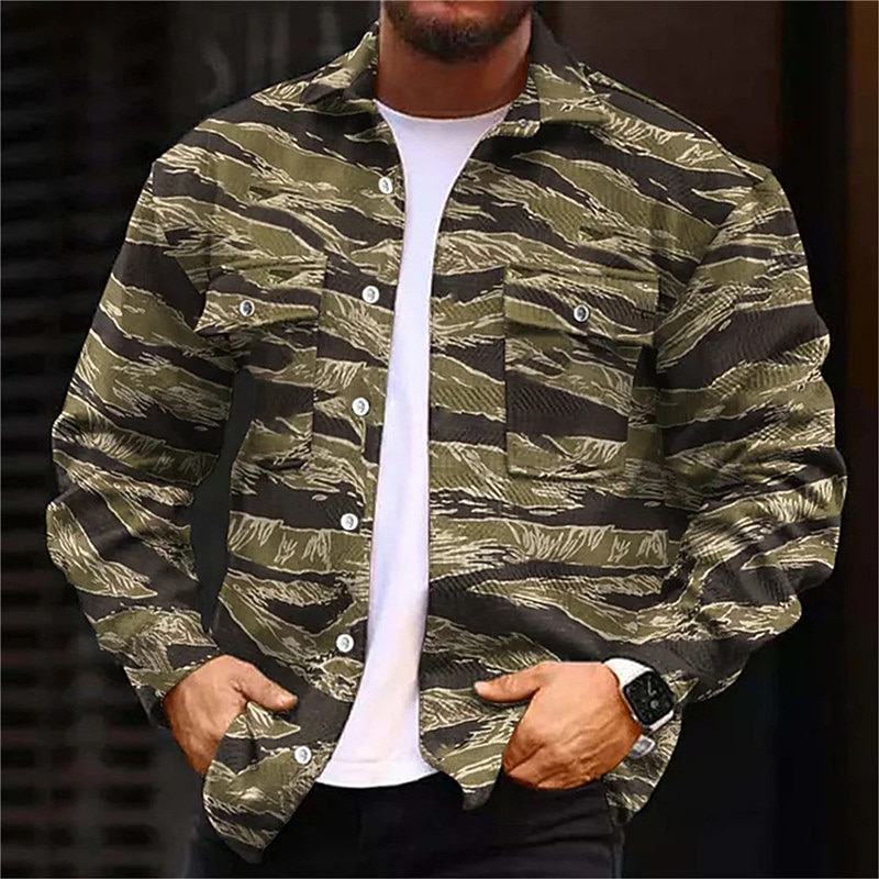 Men's Camouflage Camo / Camouflage Shirt Shirt Jacket Overshirt Long Sleeve Fashion Streetwear Designer Outdoor Casual Daily Fall & Winter Turndown Print Olive Green Army Green Dark Green Green3