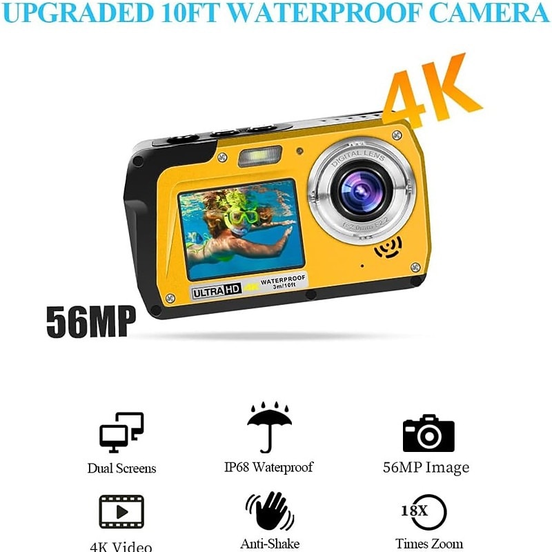 4K30FPS Waterproof Camera 56MP Underwater Cameras UHD Video Recorder Selfie IPS Dual Screens(3/2) 10FT Waterproof Digital Camera for Snorkeling on Vacation 1700mAh2