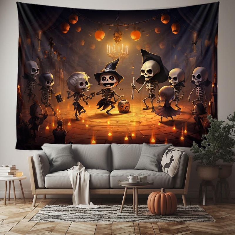 Halloween Decorations Skeleton Hanging Tapestry Wall Art Large Tapestry Pumpkin Skull Mural Decor Photograph Backdrop Blanket Curtain Home Bedroom Living Room2