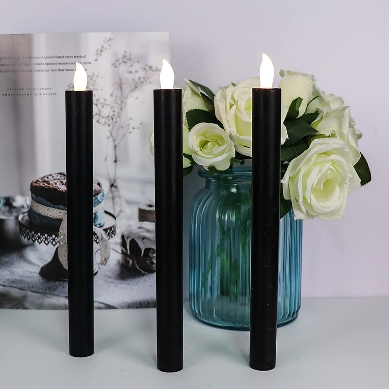 4 Packs Black Flemeless LED Taper Candles Flickering Light Real Wax Halloween Theme Party Decoration LED Candlestick3
