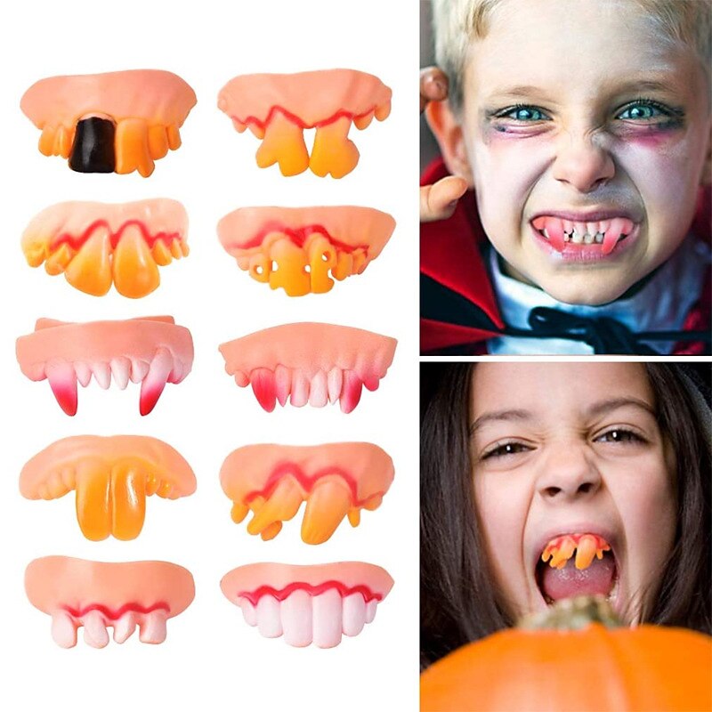 10Pcs/set Halloween Decoration Simulation Teeth Prank Toys Halloween Cosplay Prop Vampire Zombie Devil Dentures Fangs Rotten Fake Tooth2