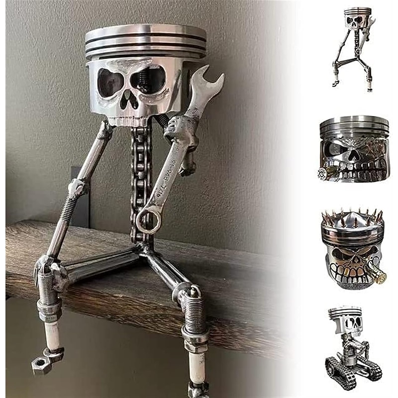 Halloween Piston Skull Face Sculpture, Resin Piston Skull Face Sculpture, Piston Man Head Statue Handmade Art Figure Miniature Ornaments for Decoration Halloween Skeleton Decoration