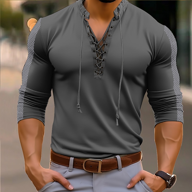 Men's Henley Shirt Tee Top Long Sleeve Henley Summer Patchwork Fashion Designer Basic Lace up Vacation Street Going out White Green Khaki Top Tee for Men