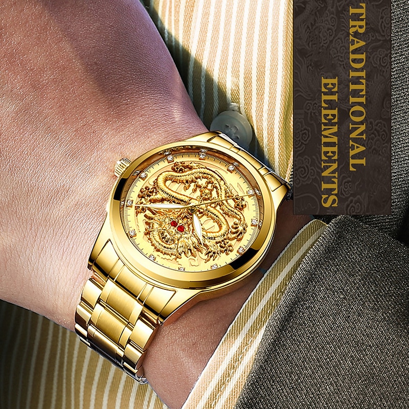 Watch Men's Watches Luxury Gold Quartz Wristwatch 3D Waterproof Dragon Automatic Self-Wind Watch For Men Relojes3