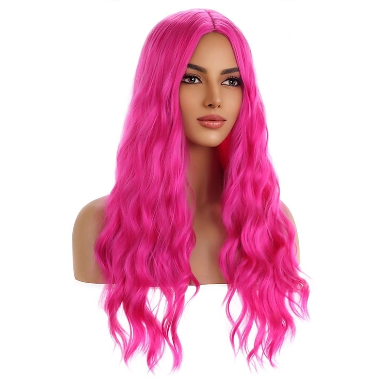 Hot Pink Wig Magenta Wig Long Curly Wavy Pink Wigs for Women Girls Middle Part Heat Resistant Hight Density Synthetic Wigs2