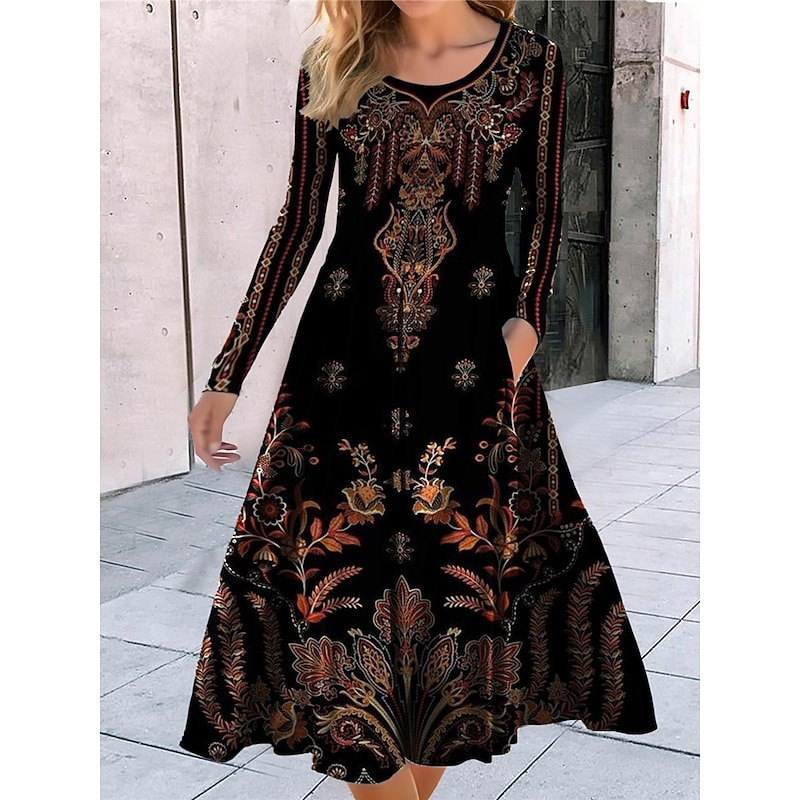 Women's Midi Dress A Line Dress Casual Dress Winter Dress Swing Dress Fashion Streetwear Mature Formal Outdoor Vacation Regular Fit Floral Long Sleeve Crew Neck Black Summer Spring Fall