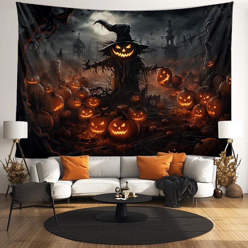 Halloween Decorations Tapestry Jack O Lantern Pumpkin Decor Wall Art Large Hanging Tapestry Mural Photograph Backdrop Blanket Curtain Home Bedroom Living Room Scarecrow Haunted House Graveyard3
