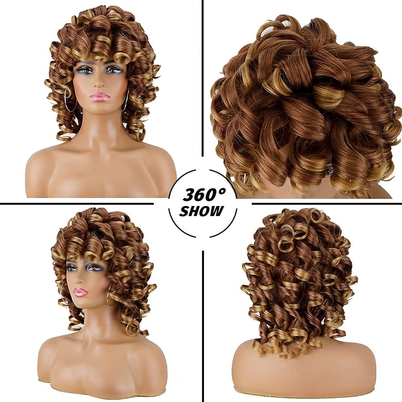 Short Curly Wigs for Black Women Soft Brown Blonde Big Curly Wig with Bangs Afro Kinky Curls Heat Resistant Daily Synthetic Wig for African American Women4