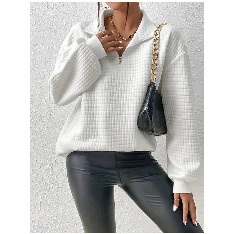 Women's Zip Up Sweatshirt Sweatshirt Pullover Sports Basic Textured Solid Color Street Casual V Neck Half Zip Quarter Zip Long Sleeve White Fall & Winter4