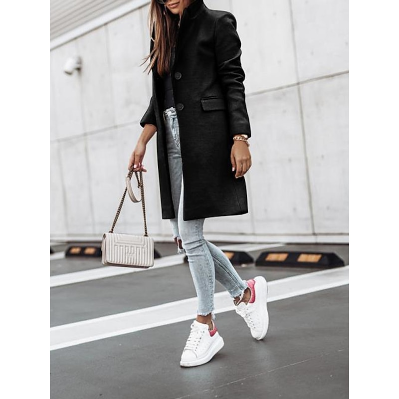 Women's Winter Coat Long Overcoat Fall Stand Collar Trench Coat Warm Windproof Pea Coat with Pockets Formal Stylish Casual Street Jacket Long Sleeve Black White Khaki