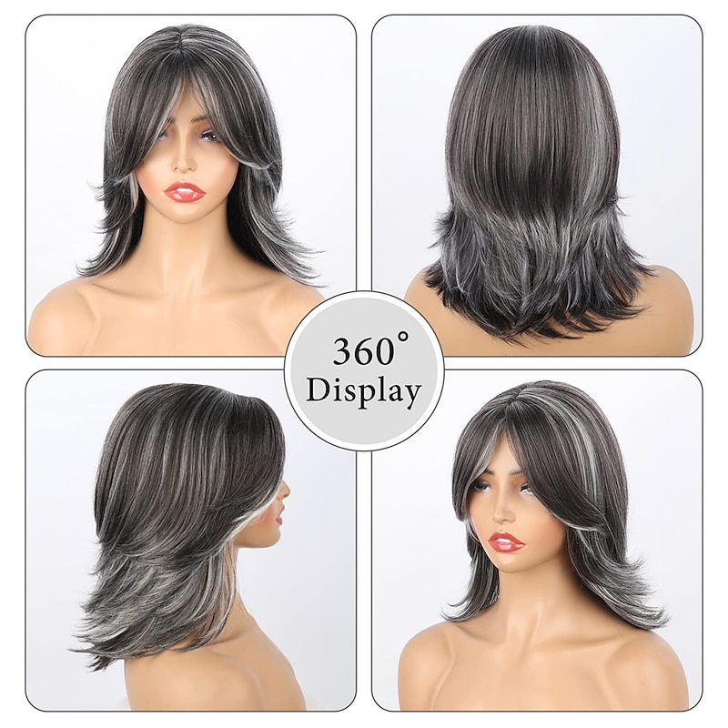 Dark Gray Ombre Layered Wigs with Curtain Bangs for Black Women,Synthetic Short Gray Highlight Wavy Layered Curly ,Black ang Grey Wavy Bob Wig for Daily Use2