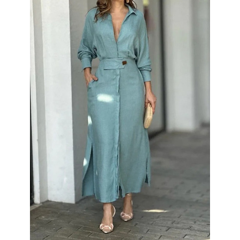Women's Shirt Dress Long Dress Maxi Dress Pocket Split Daily Date Vacation Active Fashion Shirt Collar Long Sleeve Black White Pink Color2