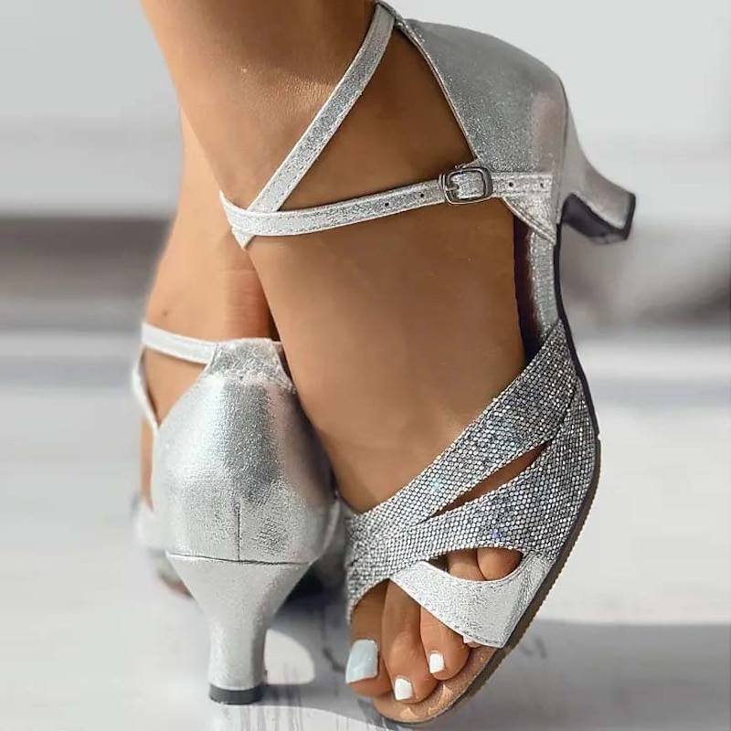 Women's Silver Glitter Open-Toe Latin Dance Shoes - Rhinestone Embellished Ankle Strap Sandals for Ballroom and Party Events2