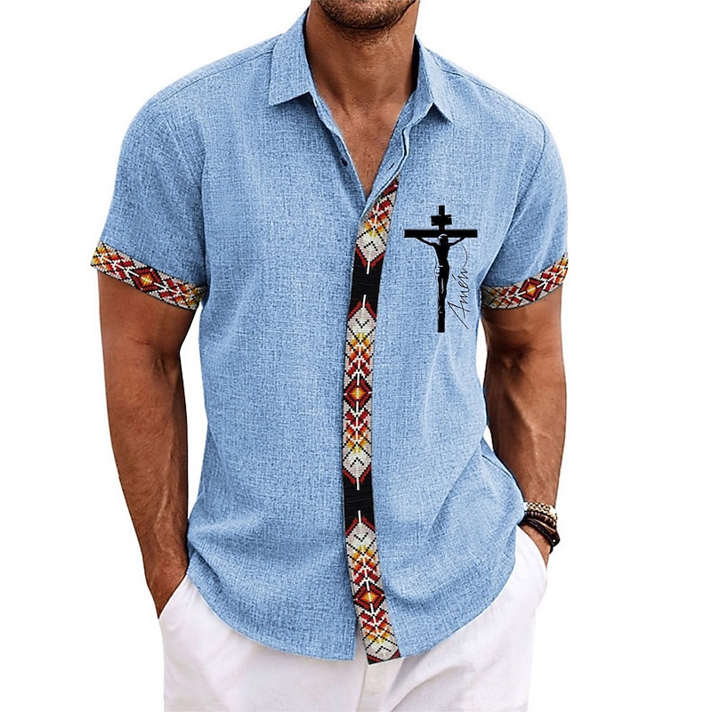 Men's Cross Jesus Shirt Button Up Shirt Short Sleeve Fashion Designer Casual Outdoor Casual Summer Spring Turndown Print White Pink Blue Green Khaki3