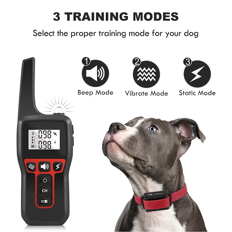Dog training collar IP67 waterproof three training modes vibration electric shock vibration and electrostatic 100 adjustable steps can check the power level effective control distance 2800 Ft2