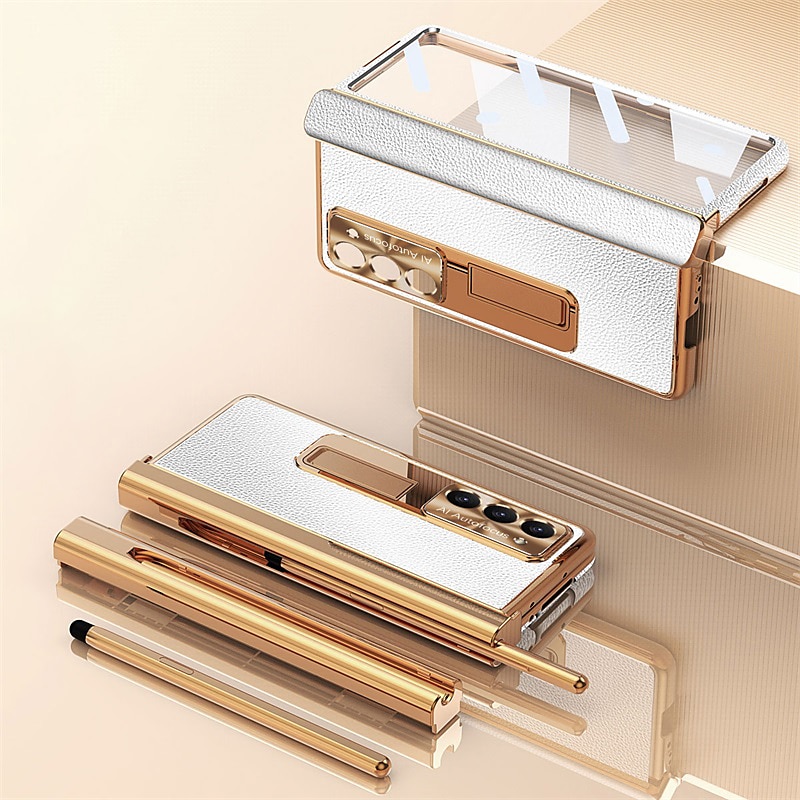 Phone Case For Samsung Galaxy Z Fold 7 Z Fold 6 Z Fold 5 Z Fold 4 Z Fold 3 Back Cover with Stand Holder with Screen Protector Pencil Holder PC Metal PU Leather2