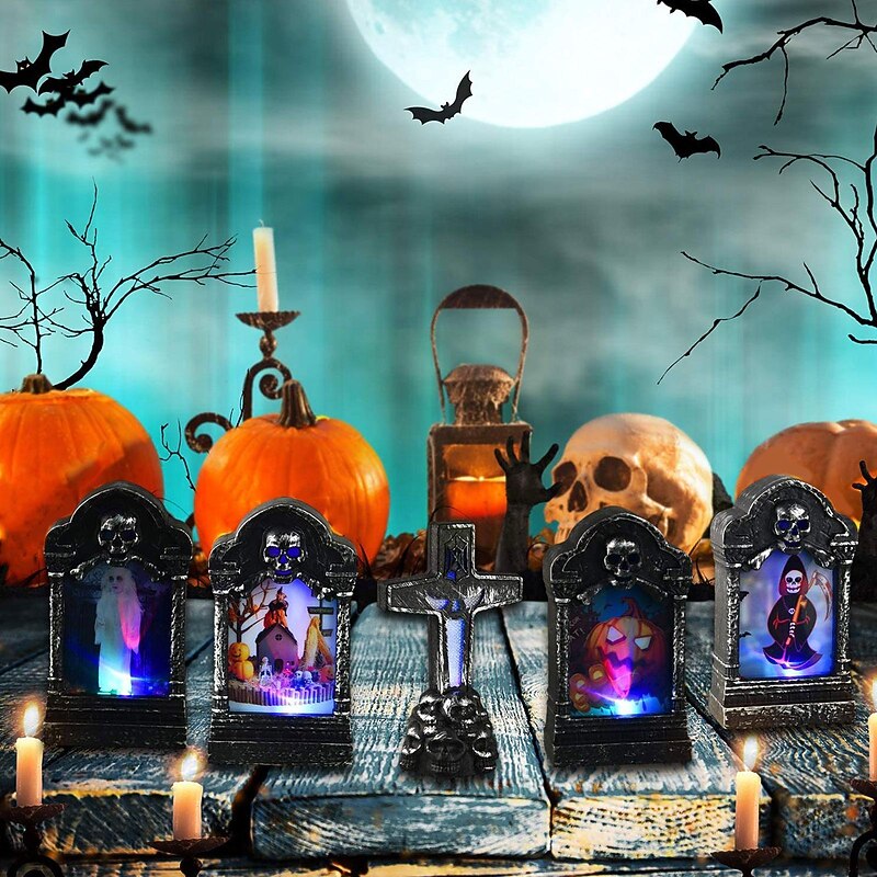 Halloween Skull Gravestone Lamp Haunted House Decor Home Garden Decor Night Light Party Props Glowing LED Tombstone Light Supply2
