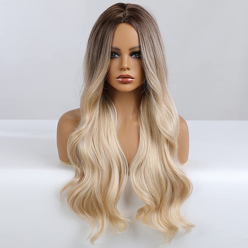 Blonde Brown Wavy Body Wave Full Wig Hair for Women Lady Girl Middle Part 26 inches Heat Resistant Synthetic Natural Looking Wig Daily Any Time Cosplay Party4