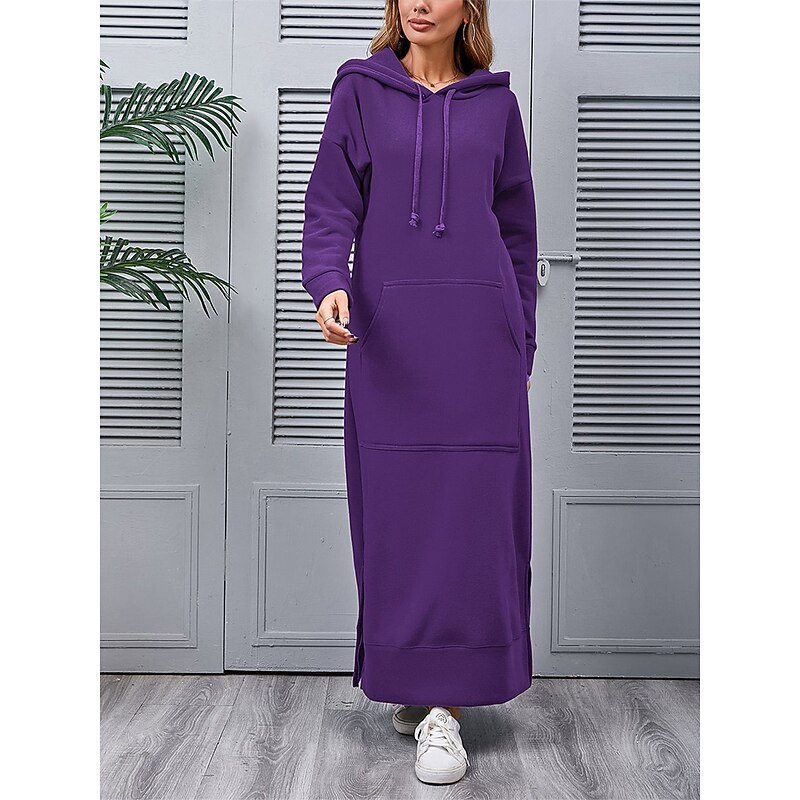 Women's Casual Dress Hoodie Dress Long Dress Maxi Dress Daily Basic Outdoor Vacation Going out V Neck Pocket Solid Color Regular Fit Black Burgundy Blue S M L XL XXL3