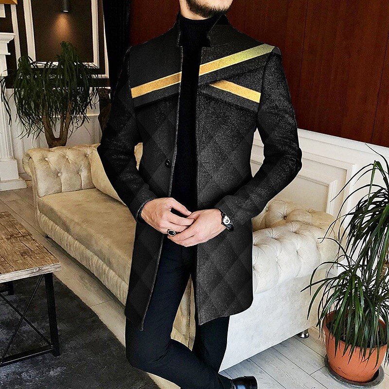 Men's Stripe Geometry Winter Coat Overcoat Coat Warm Comfortable Breathable Fashion Streetwear Business Work Wear to work Going out Pocket Print Fall & Winter Turndown Long Sleeve Black Blue Green4