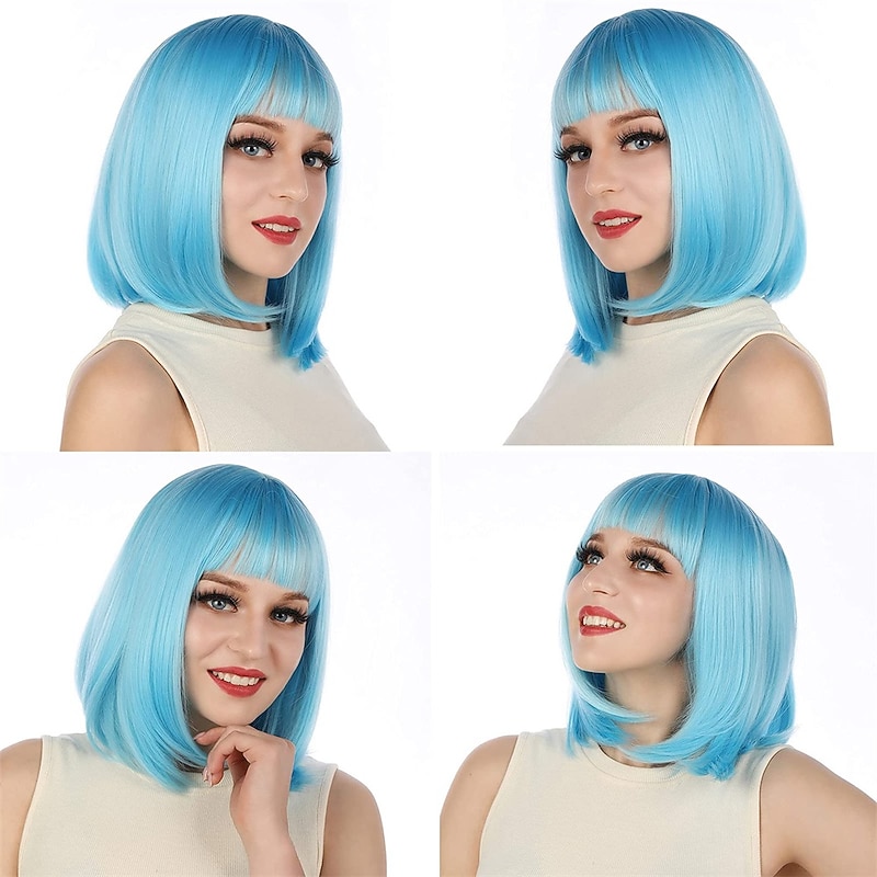 Short Bob Hair Wigs 12 Straight with Flat Bangs Synthetic Colorful Cosplay Daily Party Wig for Women Natural As Real Hair4