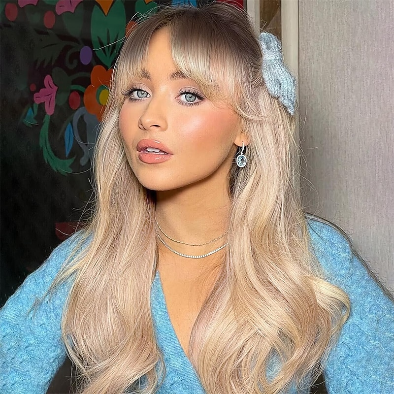 Ombre Blonde Long Curly Hair Long Hair With Bangs Natural Appearance Heat-Resistant Synthetic Wig Daily Play Party Suitable For Fashionable Women 26 Inches