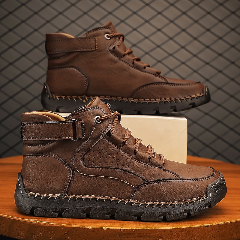 Men's Brown Leather Ankle Boots – Handmade Stitching, Lace-Up Design, and Durable Non-Slip Sole for Outdoor and Casual Wear2