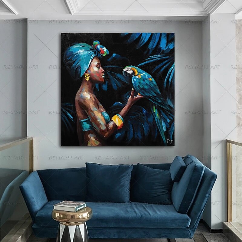 Large Handmade African Woman painting Hand Painted Oil Painting Wall Art Nordic Parrot African Woman Canvas Abstract Painting Wall Art Pictures home Decor Rolled Canvas No Frame Unstretched2