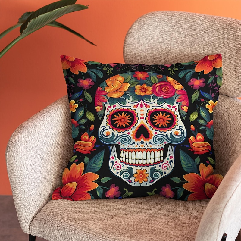 Halloween Double Side Pillow Cover 1PC Skull Day of Dead Soft Decorative Square Cushion Case Pillowcase for Bedroom Livingroom Sofa Couch Chair Decorations