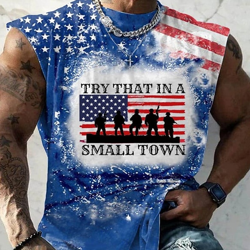 Men's Graphic Tank Top | Patriotic American Flag Distressed "Try That In A Small Town" Sleeveless Shirt3