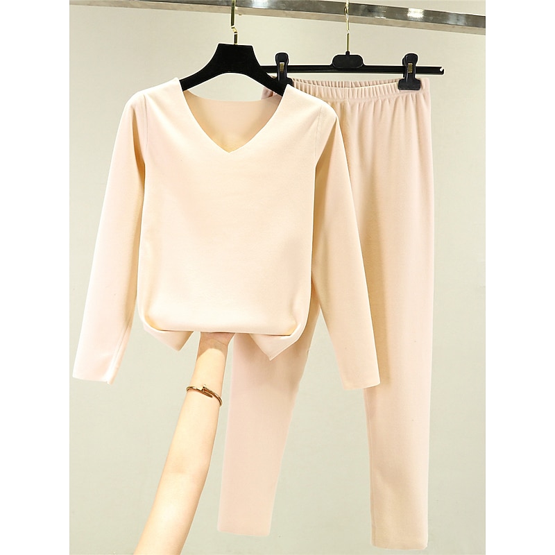 Women's Pajamas Thermal Set Pure Color Fashion Plush Casual Home Daily Bed Acrylic Breathable V Wire Long Sleeve T shirt Tee Pant Fall Winter Home Outfits2